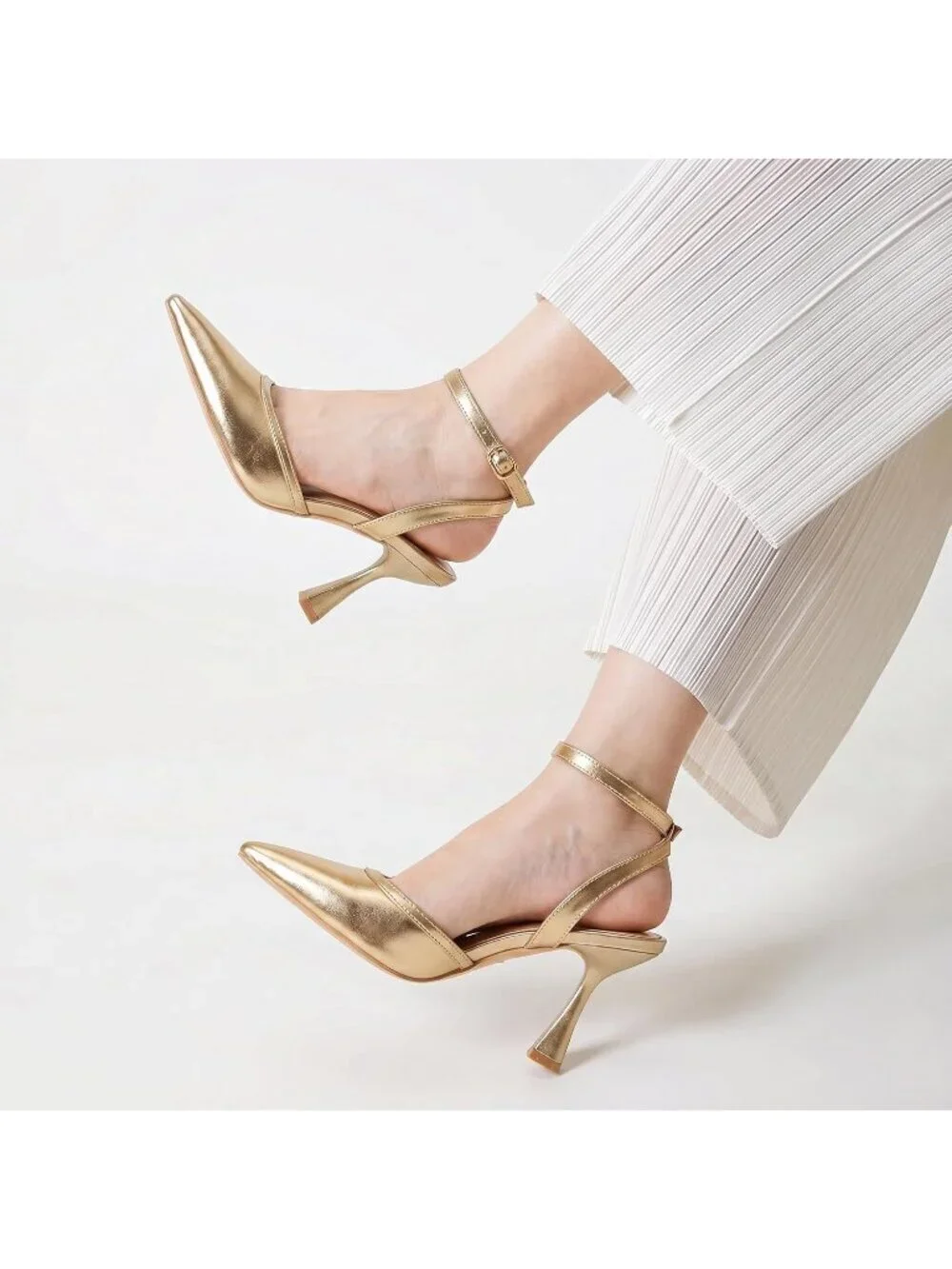 Women's Gold Pu Slingback Pointed Toe Stiletto Heels Ankle Strap Dress Shoes